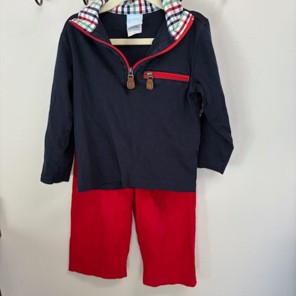 Bella Bliss 2 piece Red Navy LS 1/4 Zip with Plaid Accents -4T